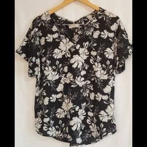 Pink Rose Black Blouse With White Floral Print Size L